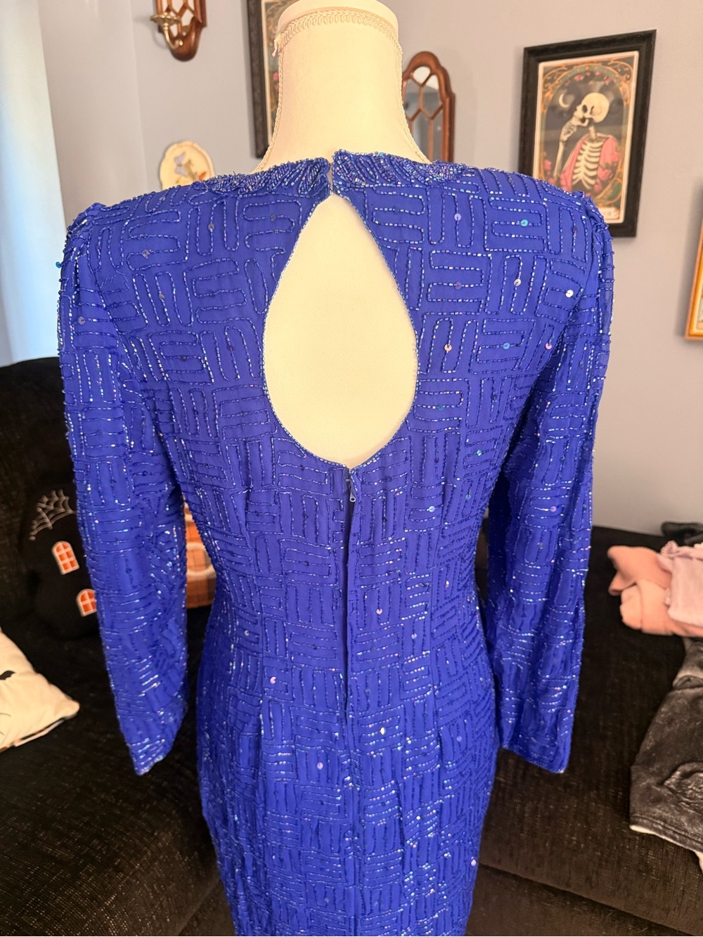 Beaded Long Sleeve Sheath Dress in Royal Blue - Picture 3 of 5